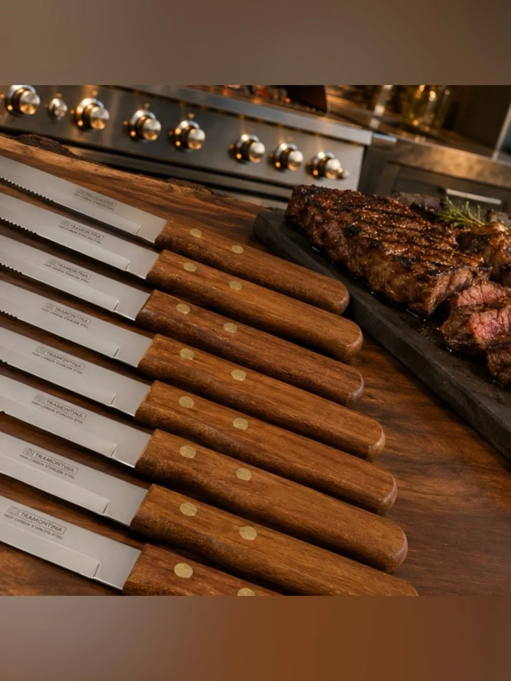Tramontina Brand Porterhouse 8 Piece JUMBO SIZE Wood Handle Steak Knives Set NEW